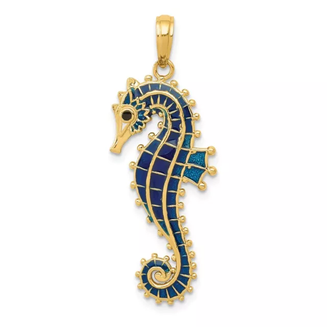 14k Yellow Gold Large Blue Enameled Seahorse Pendant