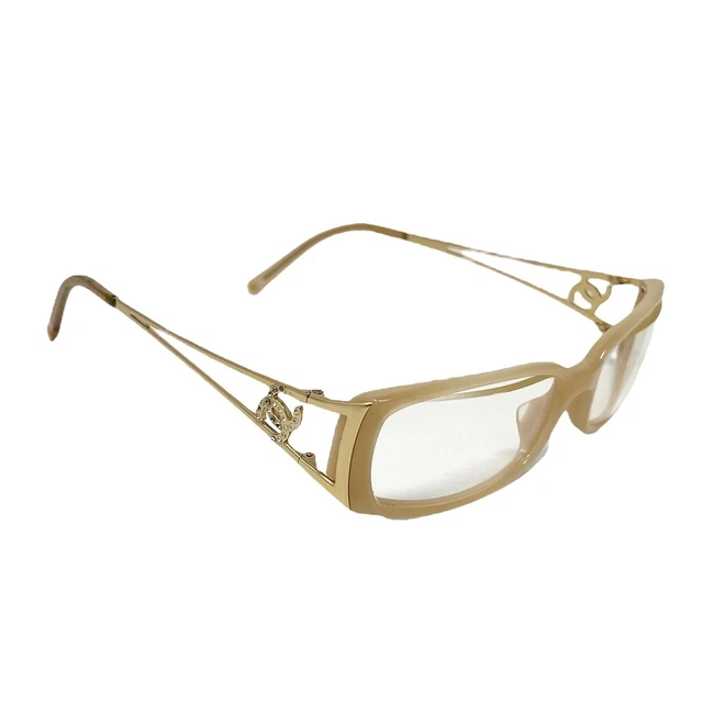 CHANEL Vintage CC Mark Logo Sunglass 53/16/135 Rhinestone Cream Gold RankAB
