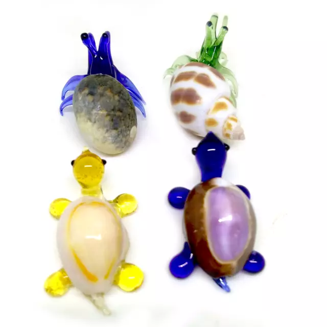 Set 4 Mini Hermit Crab &Turtle #2hand blown glass art miniature figurine animal