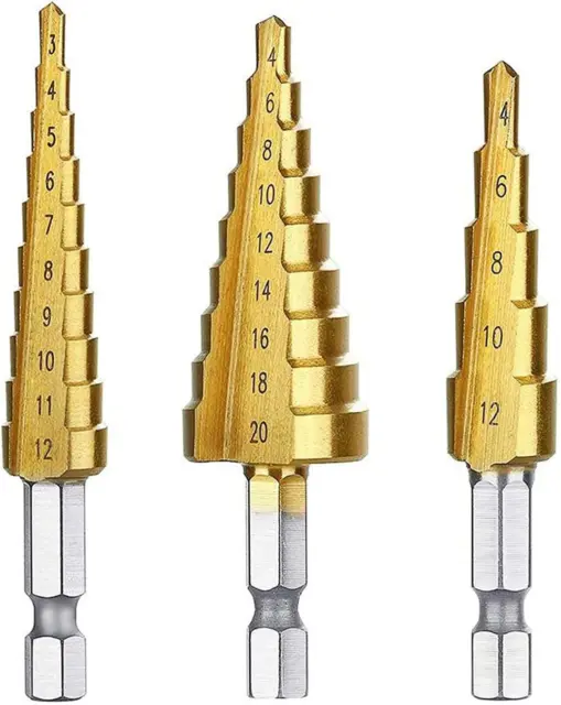 Step Drill Bit Set Titanium Coated, High-Speed Steel Hex Shank Quick Change for