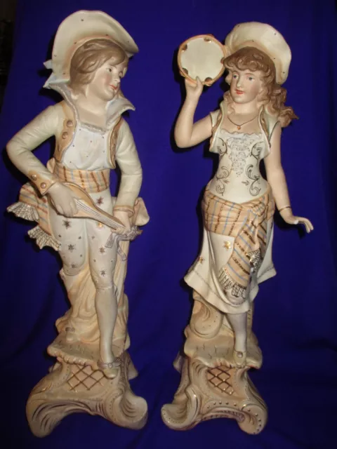 Large Pair  Bisque Figurines German  Mantelpiece Figures Vases