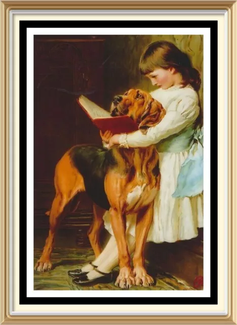 BRITON RIVIERE Art Print - Victorian Child Reads to NAUGHTY BOY Bloodhound Dog