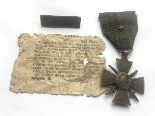 Original French Croix De Guerre With Details Of Award