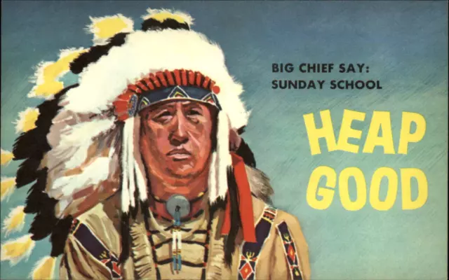 Indian Chief Headdress Sunday School Invitation 1950s? Unused vintage postcard