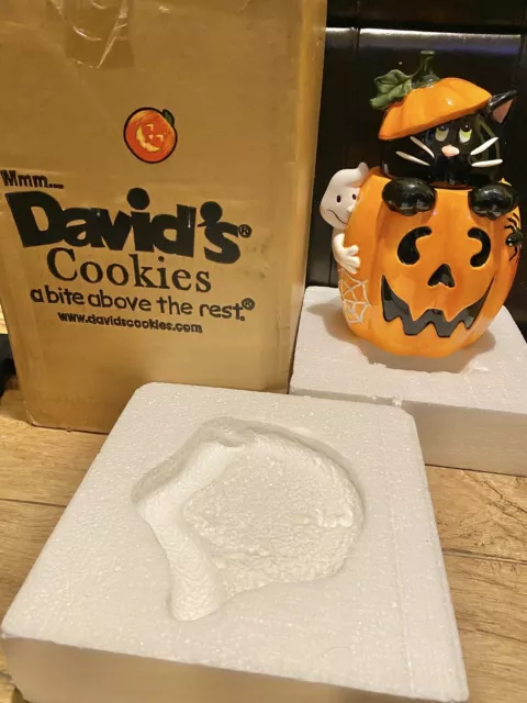 Davids Cookies Halloween Pumpkin Jack O Lantern Cookie Jar W/ Black Cat & Ghost