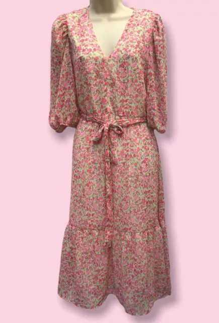 New Next Size 10 Pale Pink Floral Printed Belted Long Sleeve Summer Midi Dress