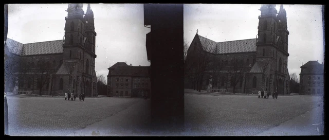 Famille Eglise à identifier c1930 Photo NEGATIVE Stereo Plaque verre Vintage 