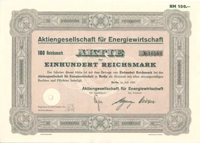 Aktiengesellschaft für Energiewirtschaft - Aktie über 100 RM - Berlin 1937