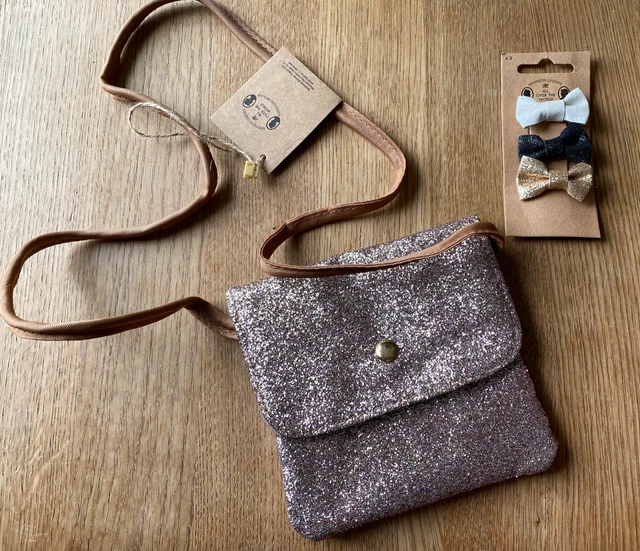 NUOVA borsa a tracolla Fab Glitter SOSTRENE GRENES con cinturino e fiocco clip per capelli oro