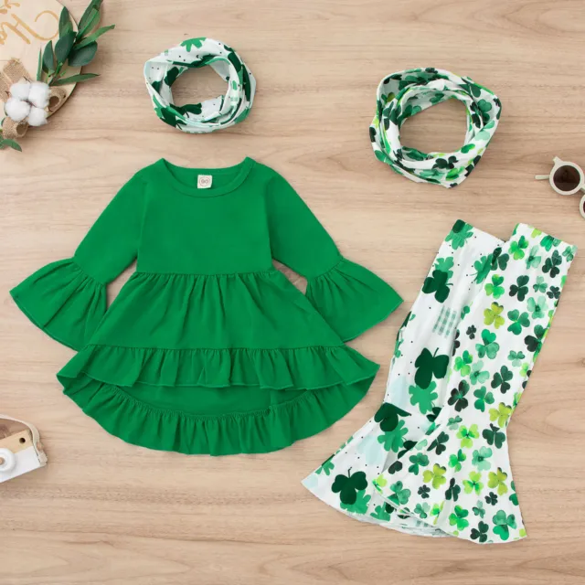 Toddler Baby Girls St.Patrick's Day Ruffles Tops Floral Printed Flare Pants