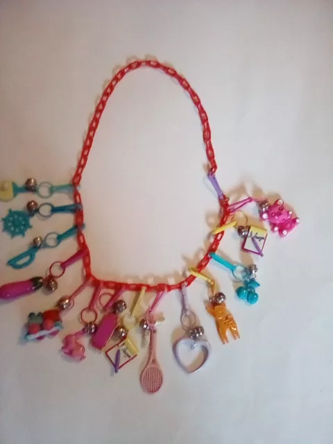 Vintage 80s Plastic Clip On Bell Charm Necklace W 14 Charms Red Chain