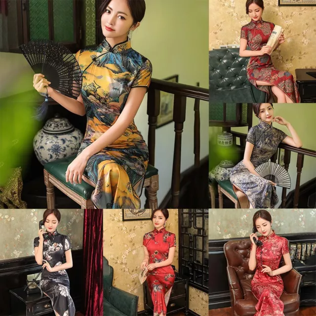 Floral Print Satin Chinese Cheongsam Qipao Elegant Long Dress for Women