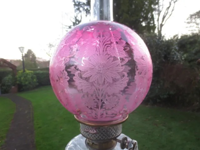 Superb Antique Victorian Veritas Cranberry Acid Etched Duplex Oil Lamp Shade