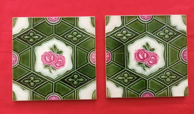 2 Piece Old Art Flower Design Embossed Majolica Ceramic Tiles Japan 0270