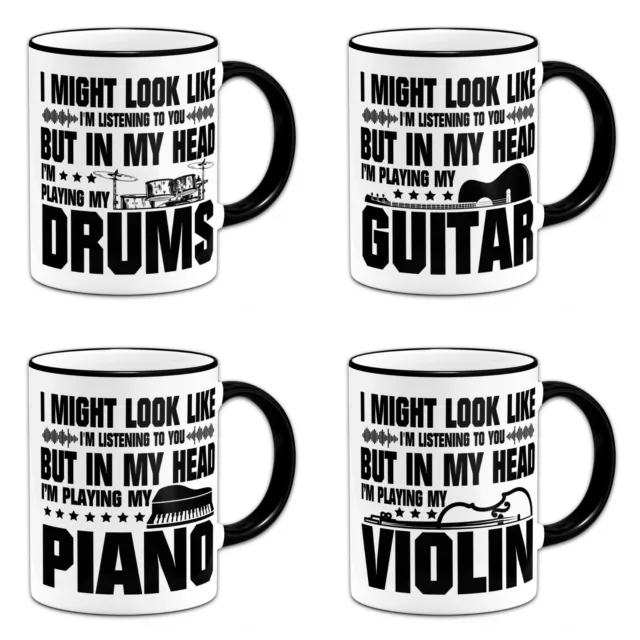In My Head I'm Playing My (Instrument) Novelty Gift Mug - Black Handle - Black