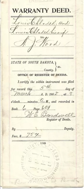 1903 South Dakota Warranty Deed Bon Homme County Louis & Louisa Chladek Land