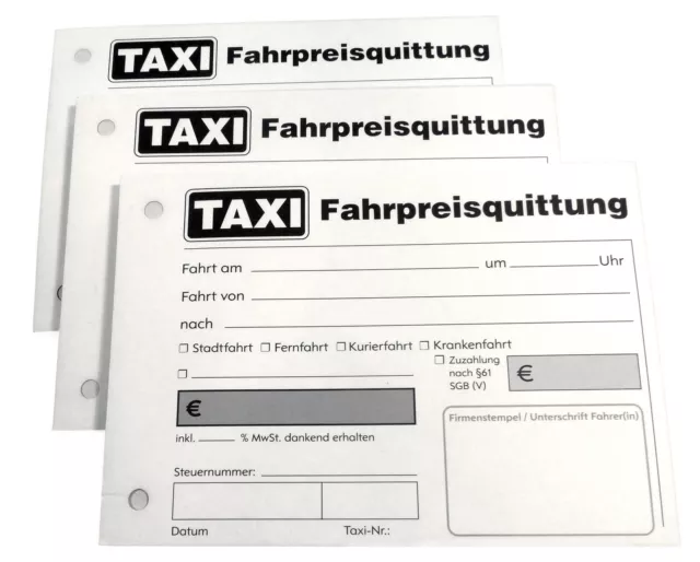 1x TAXI-Fahrpreis-Quittung Taxiquittung  100 Blatt TAXI-Quittung gelocht (22429)