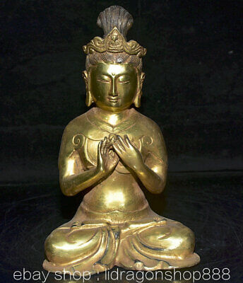 10" Rare Ancien Tibet Bouddhisme Cuivre Doré Kwan-yin Guan Yin Déesse Statue