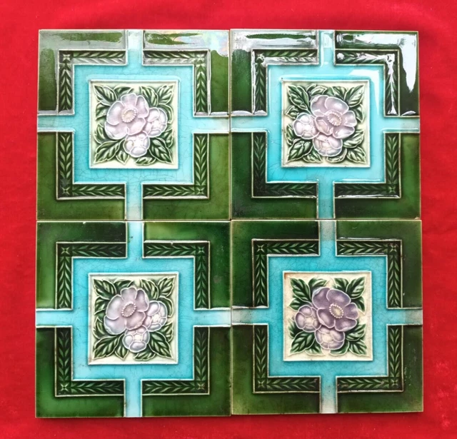 4 Piece Art Deco Floral Embossed Design Majolica Ceramic Tiles Japan 0398
