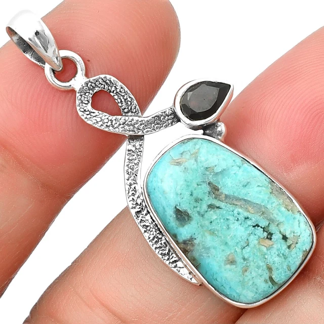 Rare Turquoise Nevada Aztec Mt & Garnet 925 Silver Pendant Jewelry P-1111