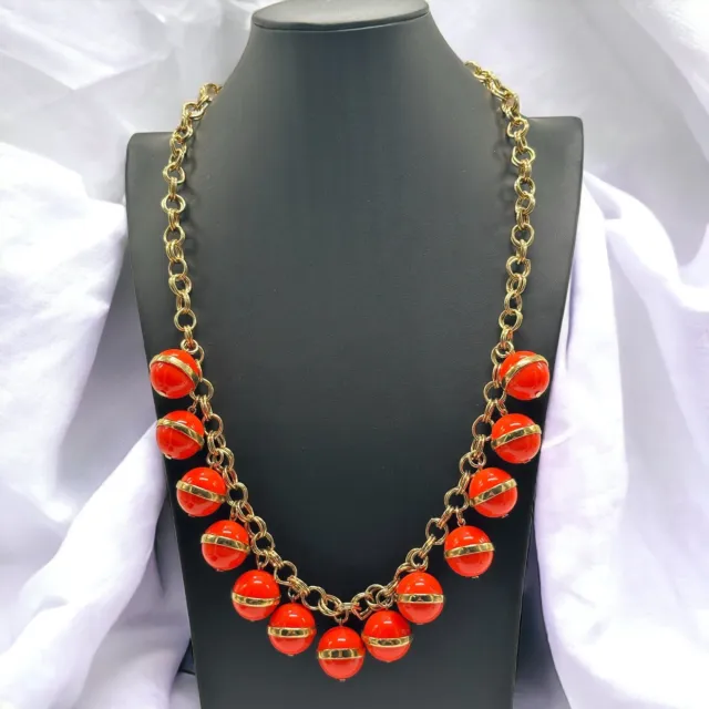 Vintage J. Crew Necklace With Gold tone Chain W/ Coral Resin Bubble Ball Bead