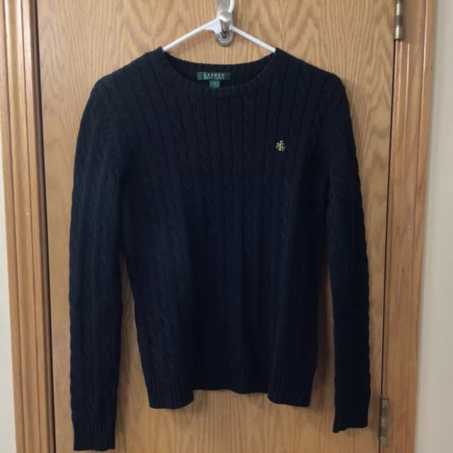 Lauren Ralph Lauren Sweater Women's SMALL BLACK 100% Cotton Cable Knit Crew neck