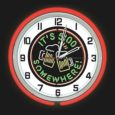 It's 5 O' Clock Somewhere Beer Sign Double Neon Clock Red Outside Neon 19"