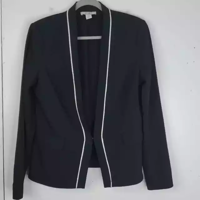 WHBM Blazer Collarless Clasp Closure White Trim Black Career Sleek Womens 14