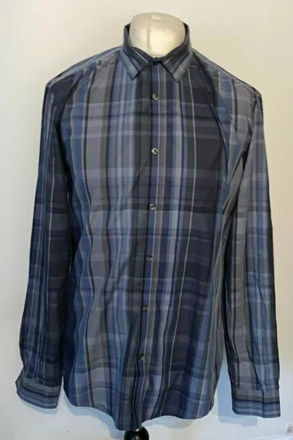 Calvin Klein Shirt Mens Large Grey Check Slim Long Sleeve Cotton Casual Button