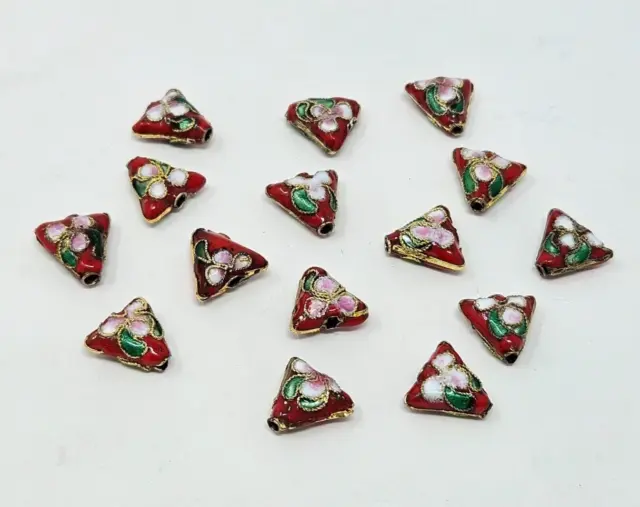 15 pcs VTG Red Triangle Floral Cloisonne Metal Enamel Beads Crafts Jewelry