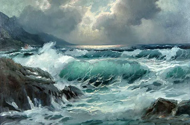 Dream-art Oil painting seascape great ocean waves rock before storm hand painted