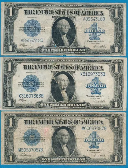 3- $1.00  1923 Silver Certificate  Blue Seals  Imperfect  Lot
