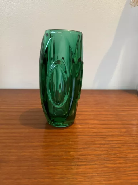 VNTAGE HEAVY CZECH 6” SKLO UNION Green Glass BULLET VASE