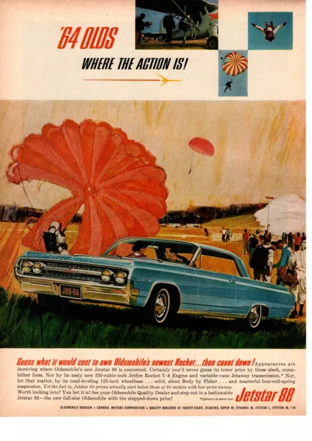 1964 Oldsmobile Jetstar 88 330 Jetfire Rocket V-8 Engine Parachutist GM Print Ad