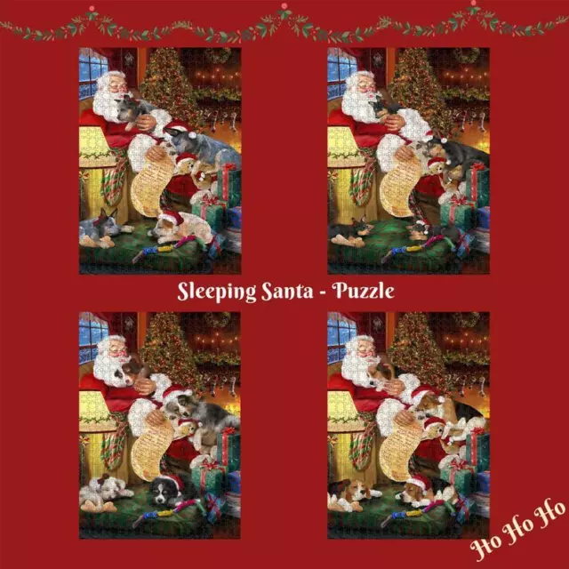 Christmas Santa Sleeping with Gifts Dogs Cats Photo Jigsaw Puzzle with Tin