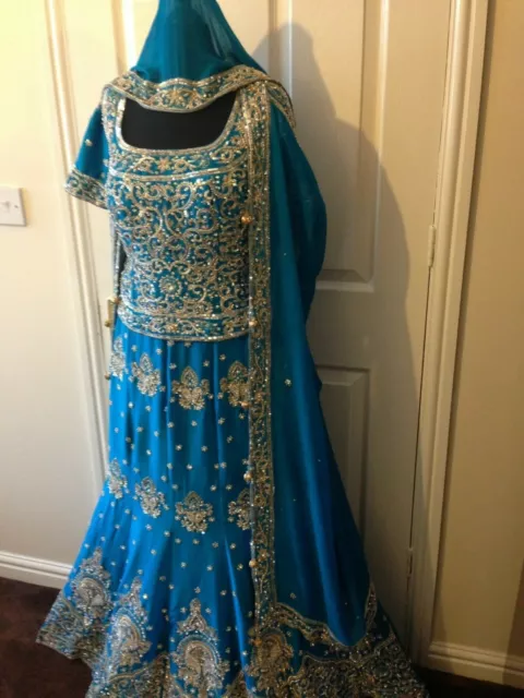 Pakistani Indian Blue Teal Wedding party Lengha Dress Choli