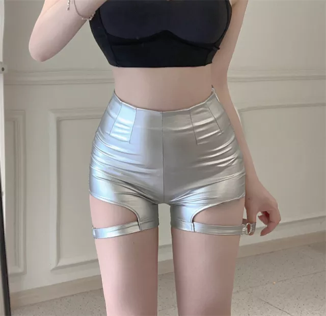 Stylish Booty Shorts Rave Costumes High Waist Womens Bottoms Metallic Hot Pants