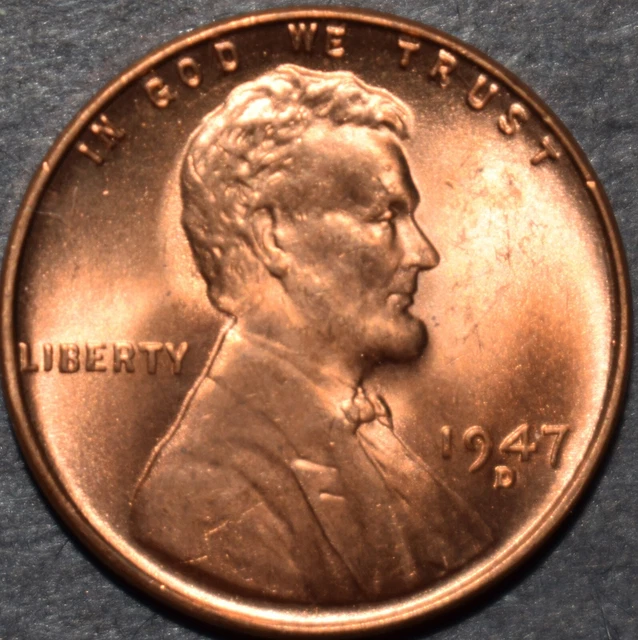 1947 D Lincoln Wheat Cent Red Brilliant Uncirculated Penny BU Choice Gem