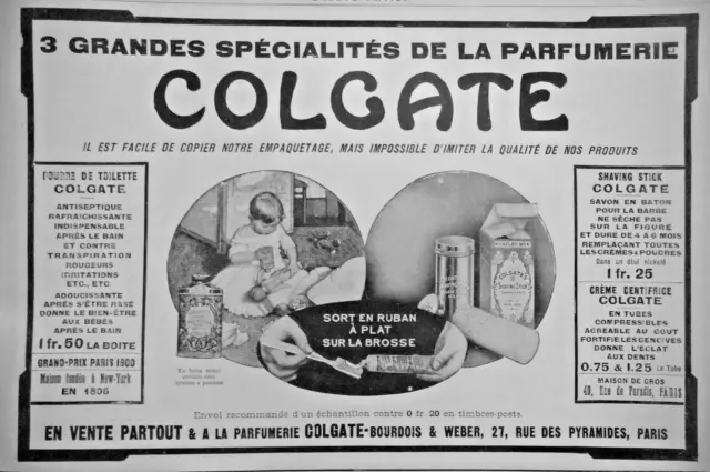 Publicité De Presse 1909 Colgate Shaving Stick Savon Crème Dentifrice