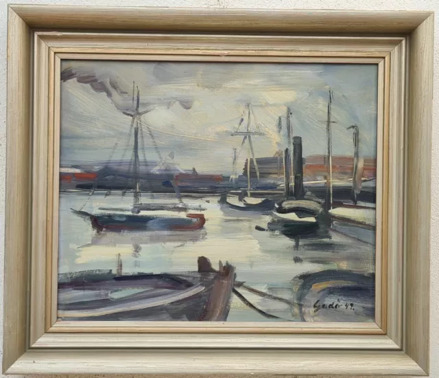 Ölgemälde Kunstwerk mit Rahmen Malerei Oil Painting Seefahrt Meer 1949 Schiffe