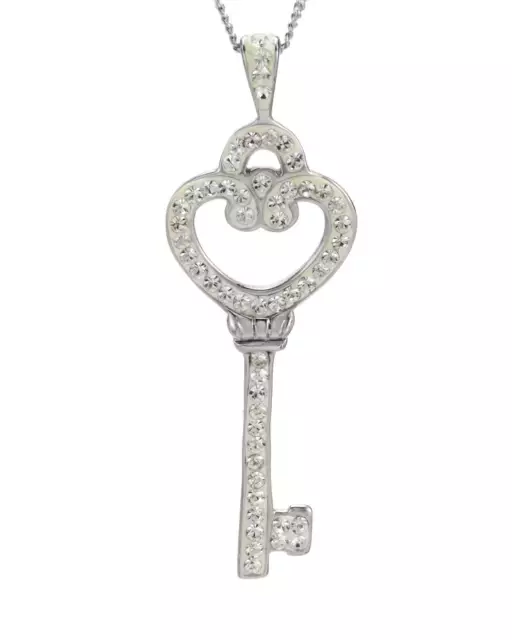 Key Heart Necklace W/Genuine Crystal in White Enamel & 925 Sterling silver 18"