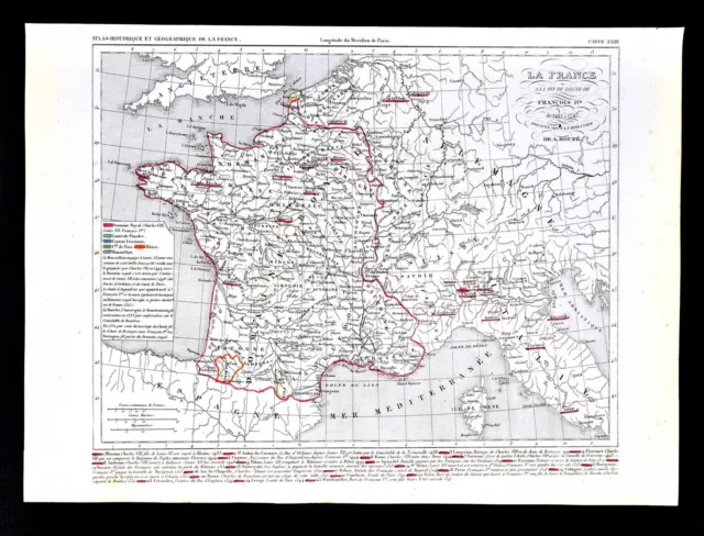 1849 Houze Map - France Francois I 1483-1547 Paris St. Denis Rheims Cognac Bearn