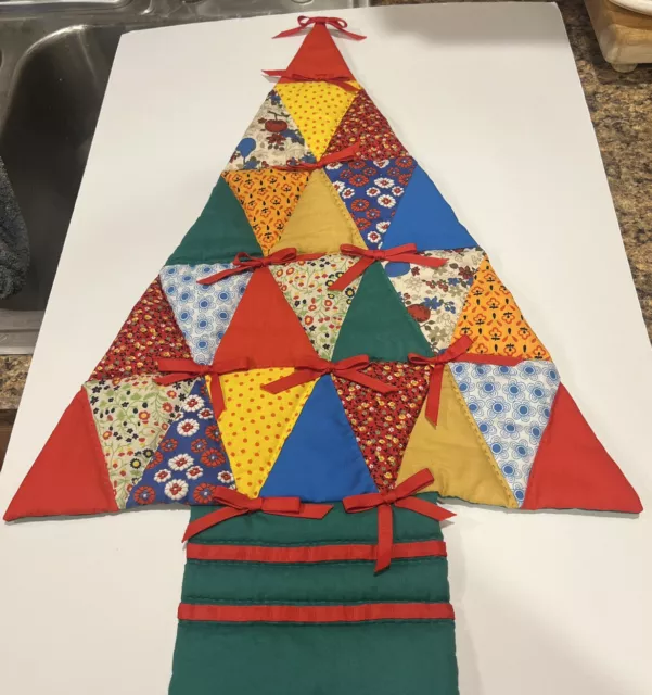 Vtg Quilted Handmade Cotton Fabric Christmas Tree Wallhanging 38" Red Green