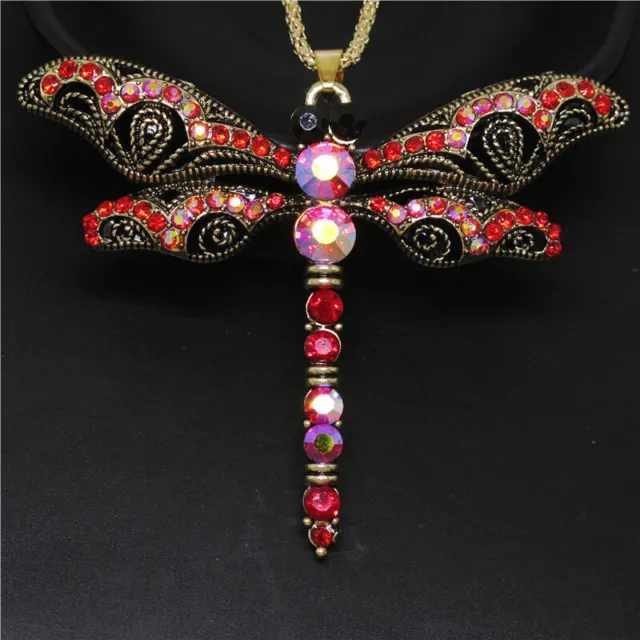 New Betsey Johnson Pink Enamel Retro Dragonfly Crystal Pendant Women Necklace