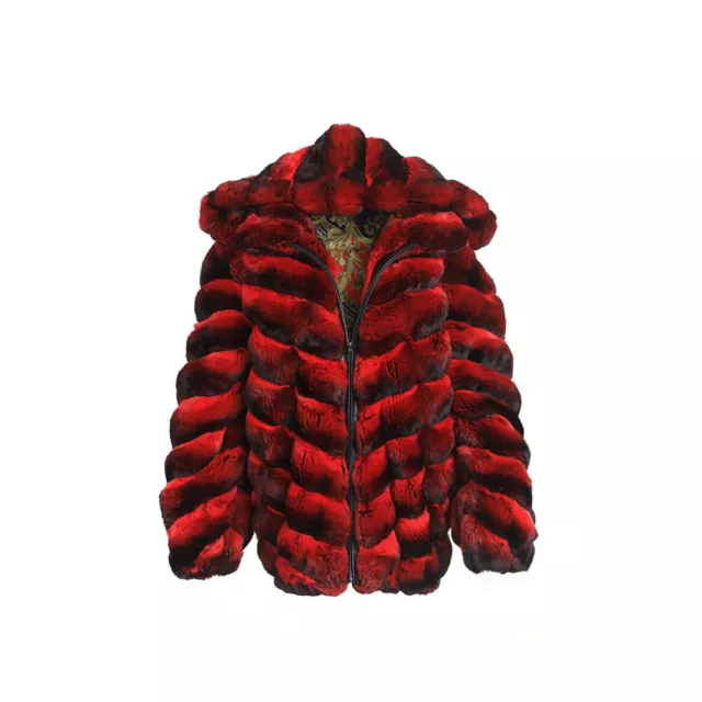 Mens Real Rex Rabbit Fur Red Chinchilla Hood Jacket Genuine Fur Coats With Zip