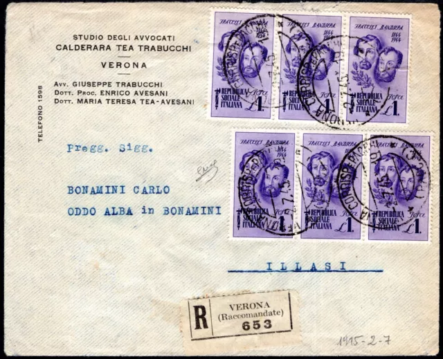1945 02 Luglio Fratelli Bandiera Raccomandata Da Verona Per Illasi In Tariffa L.