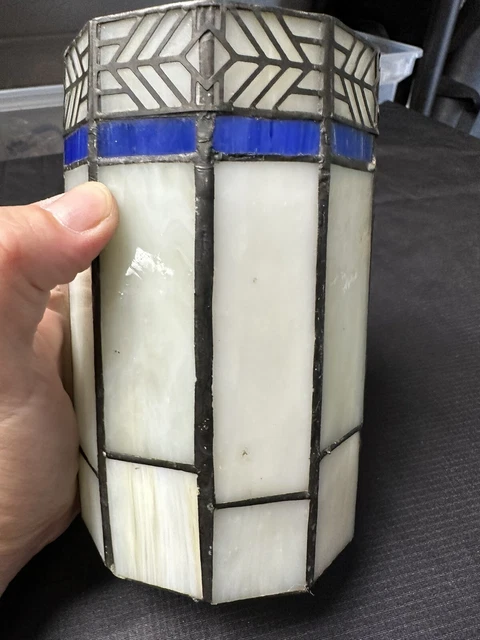 Vintage Cut Stained Glass Blue White Artisan Candle Holder Decorative Artisan