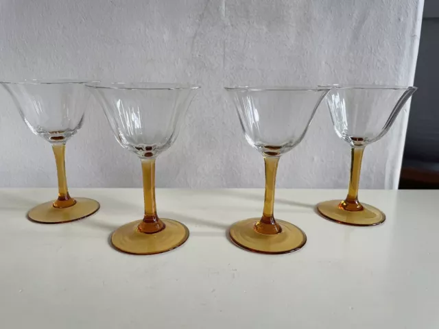 Set of 4 Crystal Cut 50ml Sherry Cordial Glasses Amber Stem & Fluted Rim