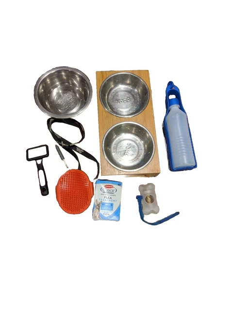 Assorted Dog Items - Bowls, Grooming, Flea Treatment And More