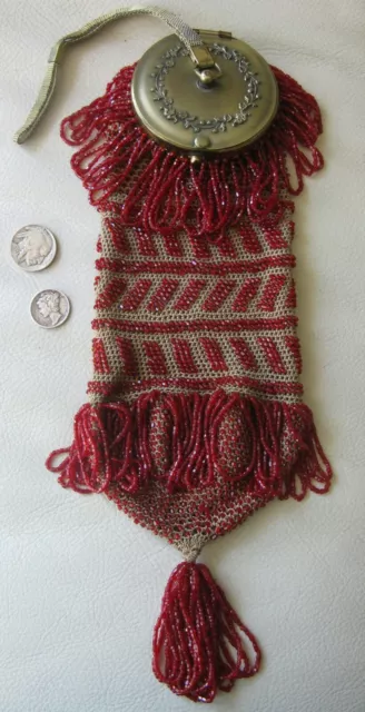 Antique Art Nouveau Gold T Round Frame Crochet Red Bead Tassel Flapper Purse